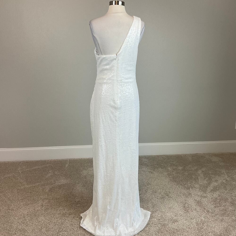 AQUA White Evening Gown Sequin One Shoulder Thigh Slit Long Formal Column Dress - Picture 3 of 12